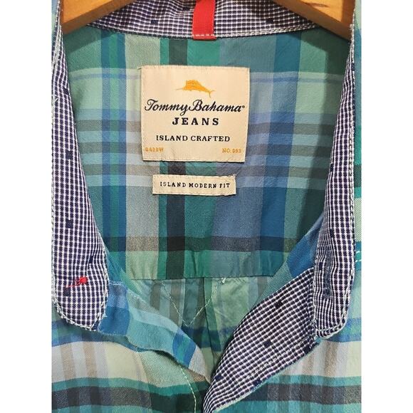 Tommy Bahama Jeans Blue Green Plaid Cotton Short Sleeve Button Up Shirt Size M - Picture 2 of 6